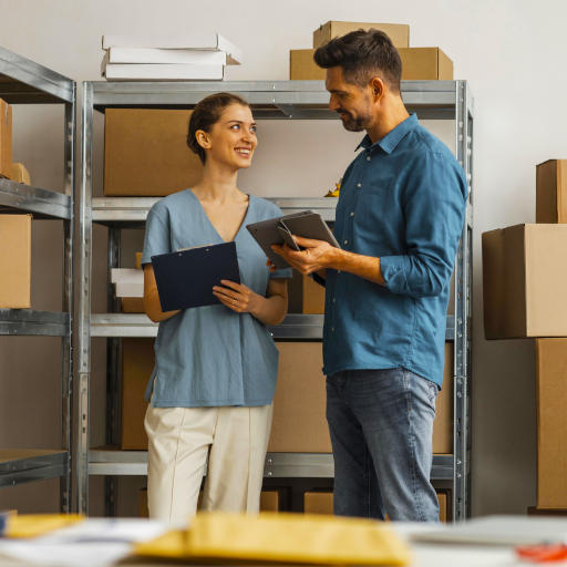 Delivery employees working together in a warehouse.