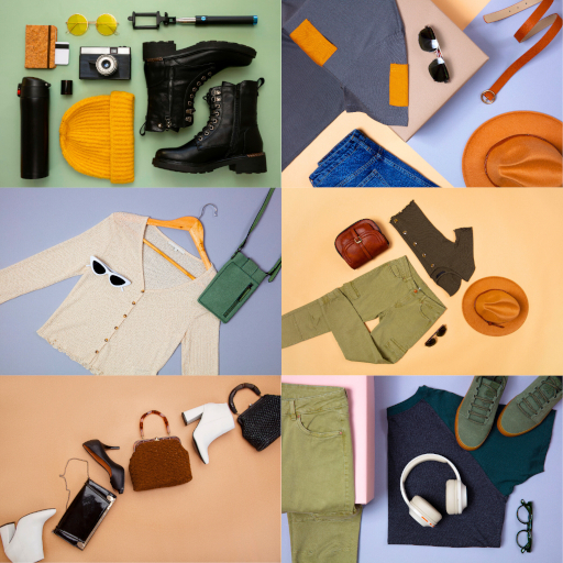 Collage of diverse fashion accessories and outfits, including boots, hats, sunglasses, bags, shoes, and casual wear arranged on colorful backgrounds.