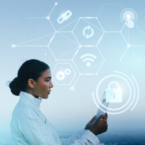 Hispanic woman scientist using a digital tablet to conduct tests.