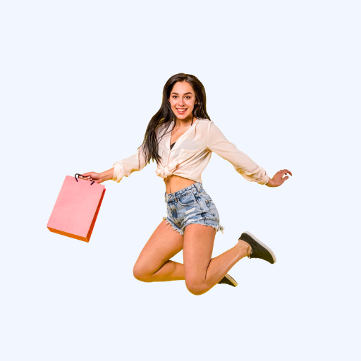 Happy woman jumping with a bag.