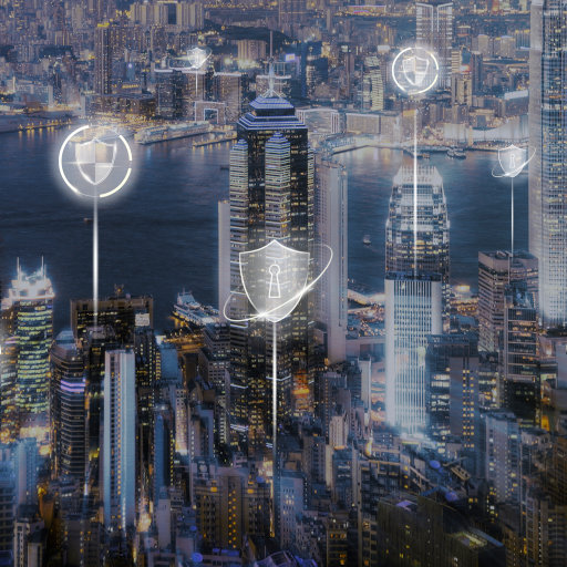 Futuristic smart city with digital security icons and data streams, symbolizing digital transformation.